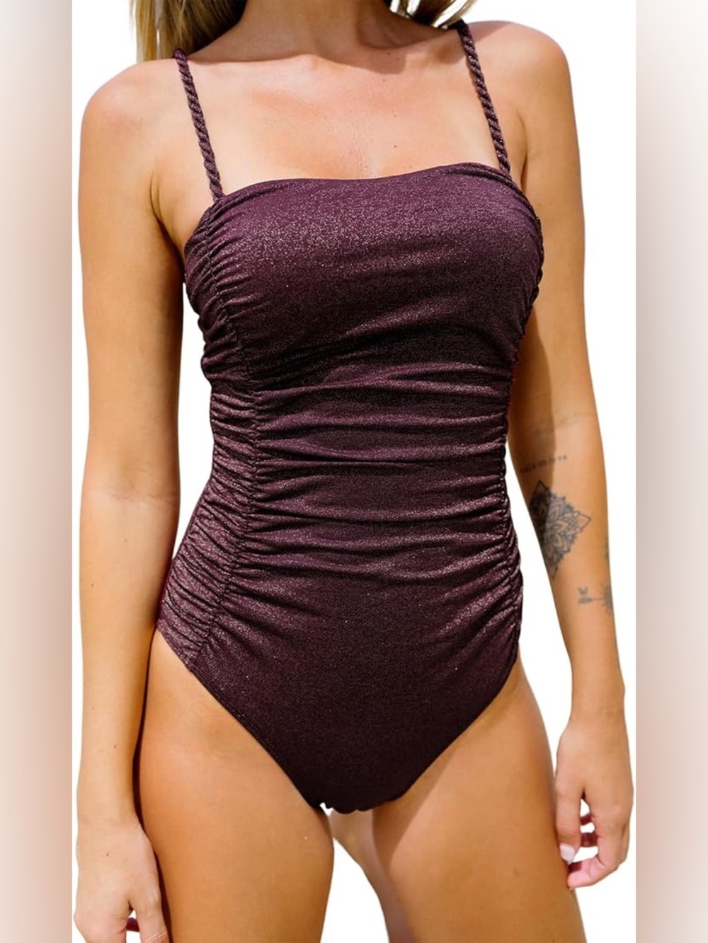 NWT Cupshe Women Ruched One-Piece Swimsuit in Plum Gold Specks Medium
